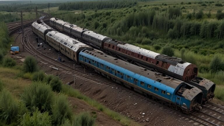 Emergency crews work amidst wreckage of a derailed train in Kursk, Russia, with scattered debris and damaged tracks under a gray sky.