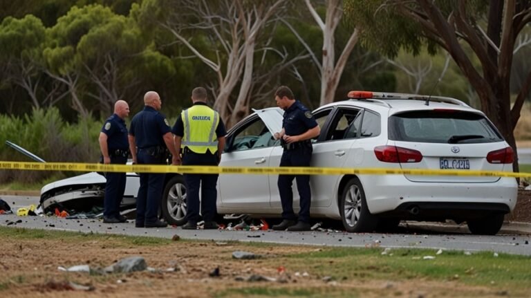 Mangled car wreckage surrounded by emergency vehicles at a crash site in Mandurah, West Australia, with debris scattered on the road.
