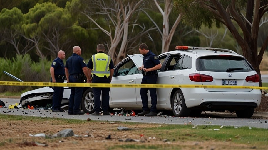 Mangled car wreckage surrounded by emergency vehicles at a crash site in Mandurah, West Australia, with debris scattered on the road.