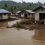 Floodwaters engulf homes and streets in Chocó, Colombia, with debris scattered across a muddy landscape after deadly floods on June 25, 2025.