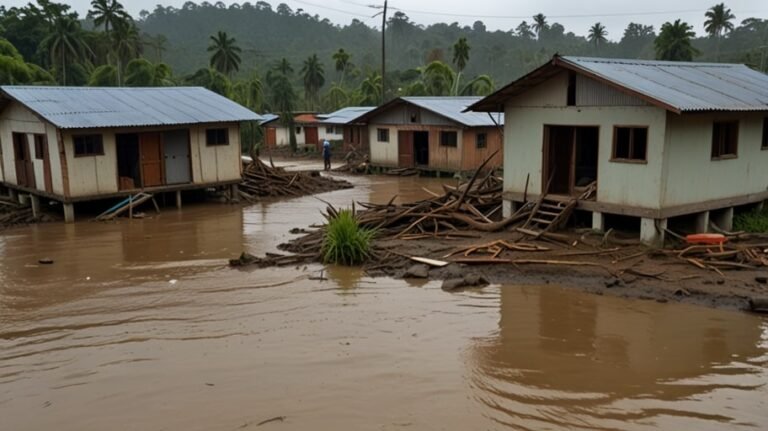 Floodwaters engulf homes and streets in Chocó, Colombia, with debris scattered across a muddy landscape after deadly floods on June 25, 2025.