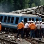 Emergency responders work amidst the wreckage of a derailed ICE train near Dachau, Munich, with overturned carriages and scattered debris under a cloudy sky.
