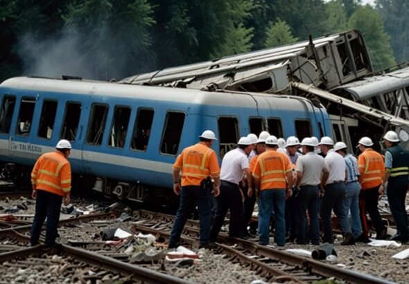 Emergency responders work amidst the wreckage of a derailed ICE train near Dachau, Munich, with overturned carriages and scattered debris under a cloudy sky.