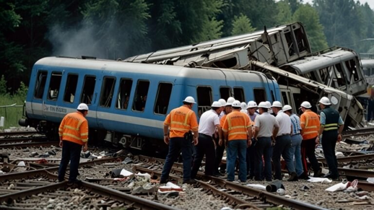 Emergency responders work amidst the wreckage of a derailed ICE train near Dachau, Munich, with overturned carriages and scattered debris under a cloudy sky.