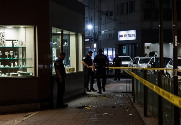 Shattered glass and police tape surround a looted jewelry store in São Paulo’s Jardins district, with emergency lights flashing in the background.