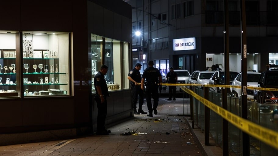 Shattered glass and police tape surround a looted jewelry store in São Paulo’s Jardins district, with emergency lights flashing in the background.