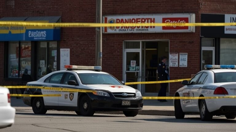 Police officers secure a cordoned-off street in Scarborough, Toronto, with yellow tape and patrol cars visible near a convenience store where a shooting occurred.
