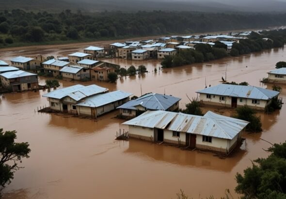 Floodwaters inundate a rural town in South Africa’s Eastern Cape, with homes and roads underwater.