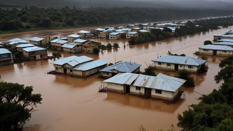 Floodwaters inundate a rural town in South Africa’s Eastern Cape, with homes and roads underwater.