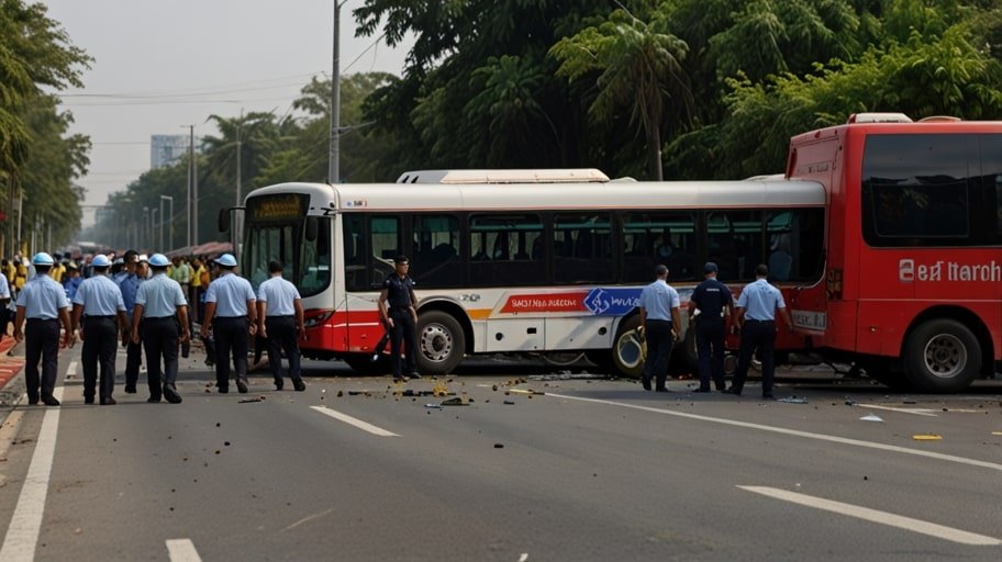 Wreckage of a tour bus on a Bangkok highway, surrounded by emergency vehicles and paramedics attending to injured passengers.
