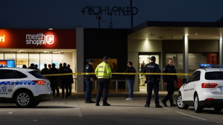 Victoria Police officers stand guard outside Northland Shopping Centre in Preston, Melbourne, with emergency vehicles and yellow tape blocking access after a knife threat incident.