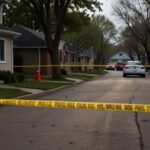 Police tape surrounds a residential street in Brooklyn Park, Minnesota, with officers and emergency vehicles in the background following the murder of a state lawmaker.