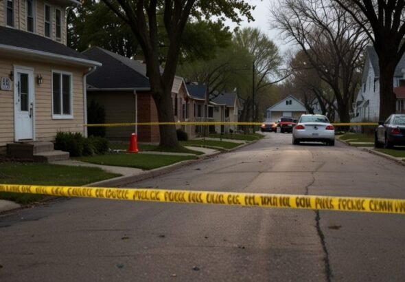 Police tape surrounds a residential street in Brooklyn Park, Minnesota, with officers and emergency vehicles in the background following the murder of a state lawmaker.