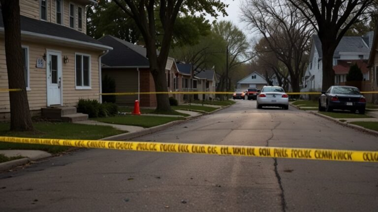 Police tape surrounds a residential street in Brooklyn Park, Minnesota, with officers and emergency vehicles in the background following the murder of a state lawmaker.
