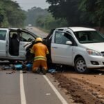 Emergency responders attend to a mangled car and tricycle on the Cape Coast-Takoradi-Accra highway after a deadly truck collision on June 20, 2025.