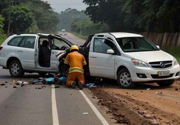 Emergency responders attend to a mangled car and tricycle on the Cape Coast-Takoradi-Accra highway after a deadly truck collision on June 20, 2025.