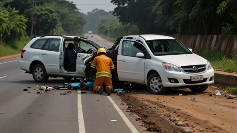 Emergency responders attend to a mangled car and tricycle on the Cape Coast-Takoradi-Accra highway after a deadly truck collision on June 20, 2025.