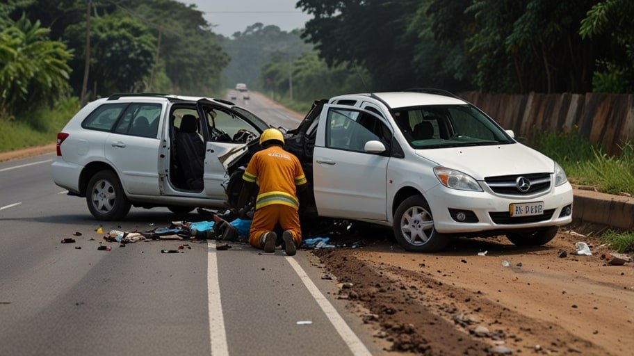 Emergency responders attend to a mangled car and tricycle on the Cape Coast-Takoradi-Accra highway after a deadly truck collision on June 20, 2025.