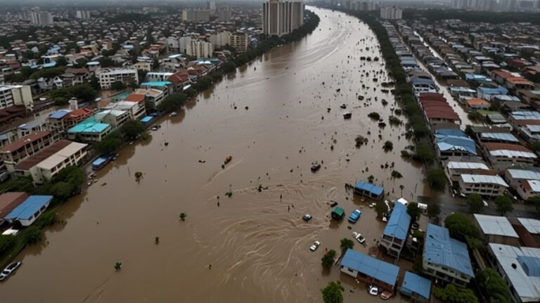 Flooded streets of Quezon City, Philippines, with debris and stranded vehicles after Typhoon Carina’s destruction.