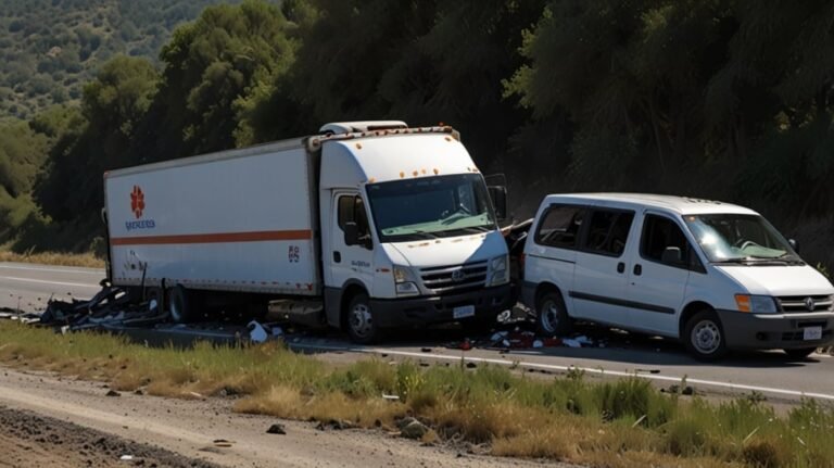 Debris from a freight truck and passenger van collision on Mexico-Puebla highway, with emergency responders attending to the scene.