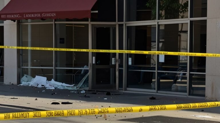 Shattered glass and police tape surround a jewelry store in Los Angeles’ Jewelry District after a violent robbery.