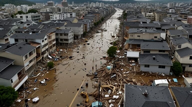 Flooded streets of Sendai, Japan, with debris scattered and rescue teams searching through wreckage after a tsunami.