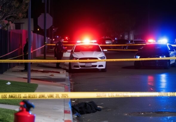 Police tape surrounds a South Los Angeles street at night, with emergency lights illuminating a crime scene where a fatal shooting and carjacking occurred.