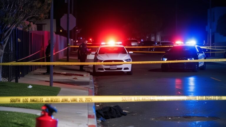 Police tape surrounds a South Los Angeles street at night, with emergency lights illuminating a crime scene where a fatal shooting and carjacking occurred.