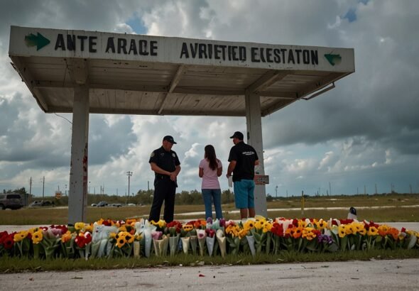 A somber gathering at a convenience store on the Miccosukee Indian Reservation, with community members placing flowers and candles at a makeshift memorial under a cloudy sky.
