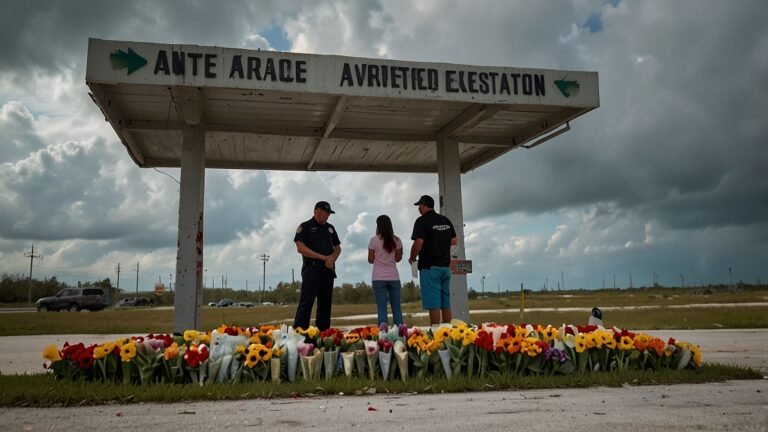 A somber gathering at a convenience store on the Miccosukee Indian Reservation, with community members placing flowers and candles at a makeshift memorial under a cloudy sky.