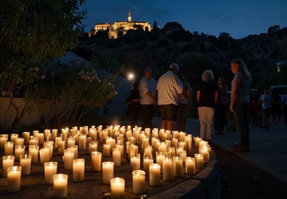 A candlelight vigil on a hillside street in Los Angeles’ Hollywood Hills, with people holding candles and flowers in front of a modern home under a twilight sky.