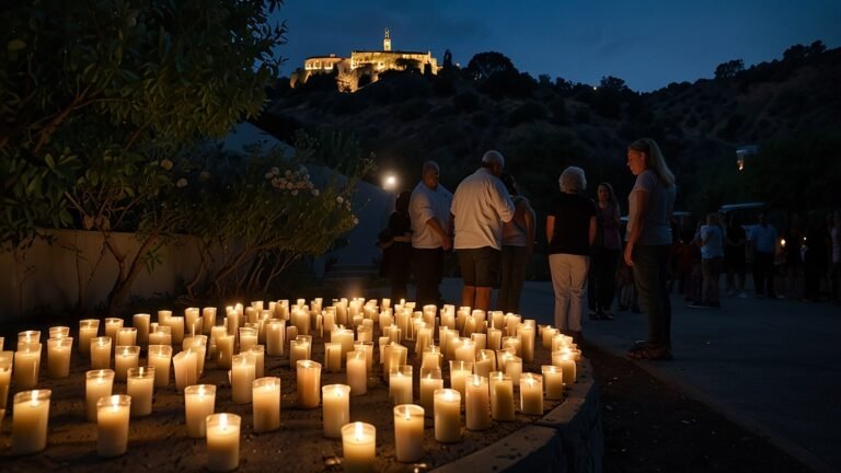 A candlelight vigil on a hillside street in Los Angeles’ Hollywood Hills, with people holding candles and flowers in front of a modern home under a twilight sky.
