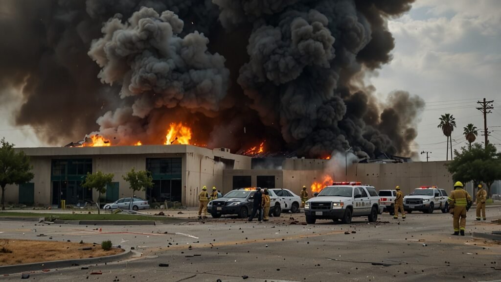 A somber scene of a damaged Los Angeles County sheriff training facility with smoke rising, emergency vehicles, and responders at work amidst debris.