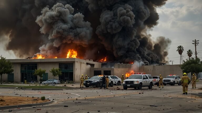 A somber scene of a damaged Los Angeles County sheriff training facility with smoke rising, emergency vehicles, and responders at work amidst debris.