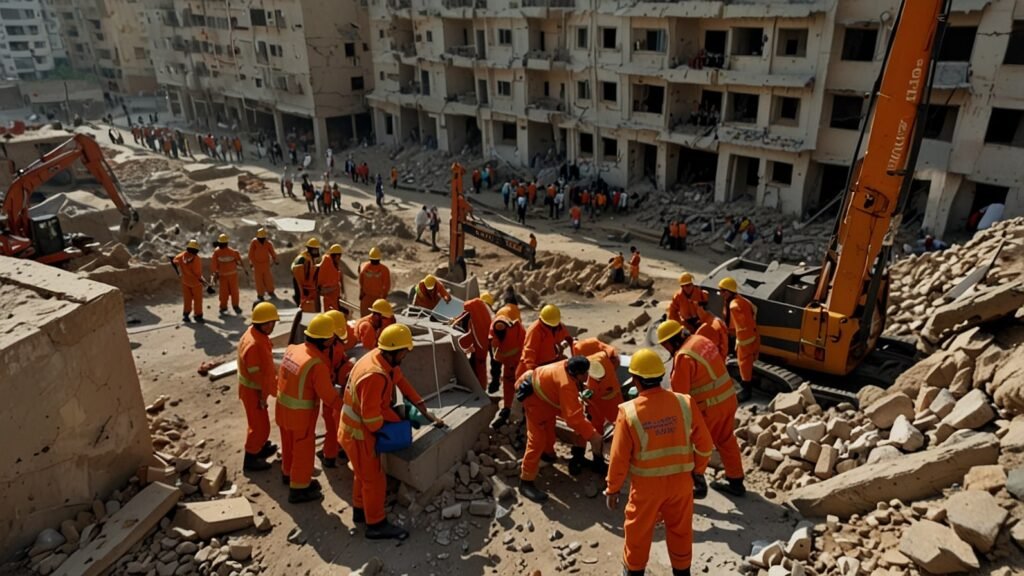 Rescue workers in orange vests and helmets sift through rubble at the site of a collapsed five-story building in Karachi’s Lyari neighborhood, surrounded by debris and heavy machinery.