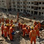Rescue workers in orange vests and helmets sift through rubble at the site of a collapsed five-story building in Karachi’s Lyari neighborhood, surrounded by debris and heavy machinery.