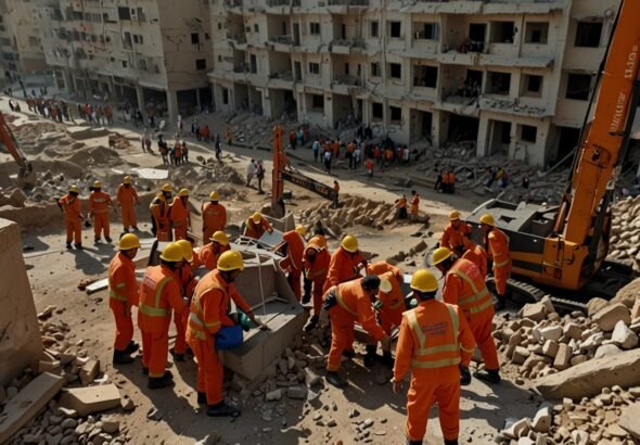 Rescue workers in orange vests and helmets sift through rubble at the site of a collapsed five-story building in Karachi’s Lyari neighborhood, surrounded by debris and heavy machinery.