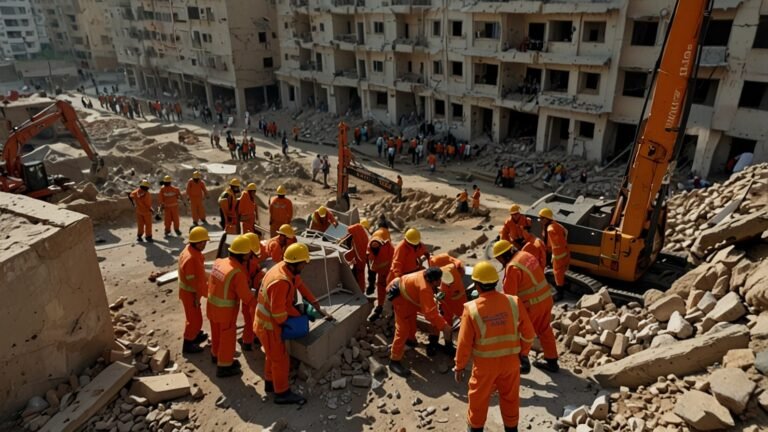 Rescue workers in orange vests and helmets sift through rubble at the site of a collapsed five-story building in Karachi’s Lyari neighborhood, surrounded by debris and heavy machinery.