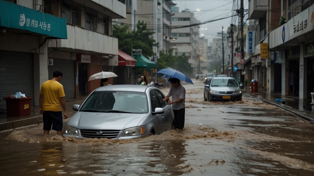 A flooded street in Busan, South Korea, with water covering roads and vehicles partially submerged, as people navigate through the deluge under gray skies.