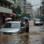 A flooded street in Busan, South Korea, with water covering roads and vehicles partially submerged, as people navigate through the deluge under gray skies.