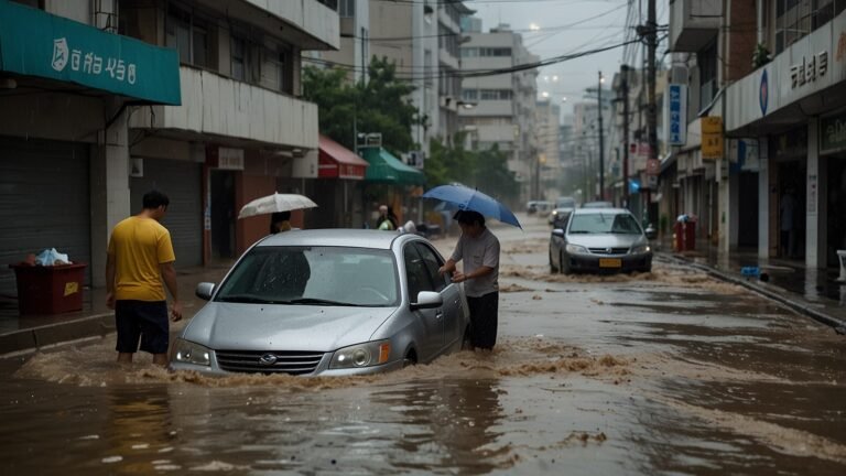 A flooded street in Busan, South Korea, with water covering roads and vehicles partially submerged, as people navigate through the deluge under gray skies.
