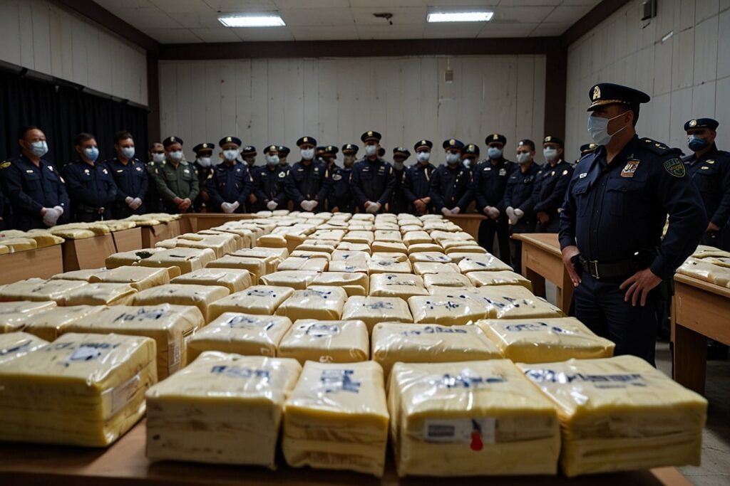 Ecuadorian National Police officers stand beside stacks of confiscated cocaine packages, neatly arranged for a press conference in Guayaquil.