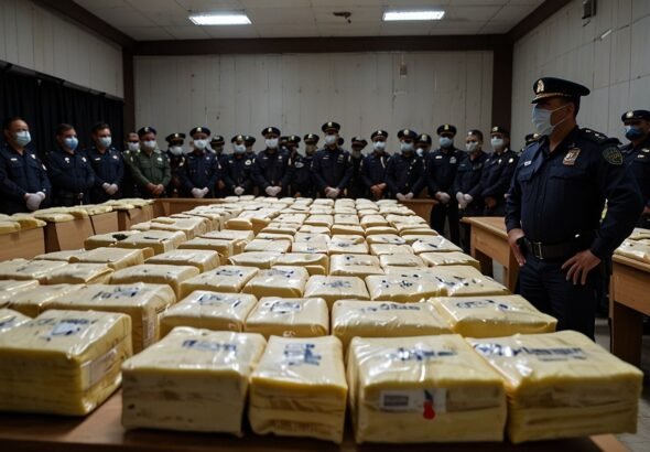 Ecuadorian National Police officers stand beside stacks of confiscated cocaine packages, neatly arranged for a press conference in Guayaquil.