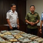 Indonesian police officers stand guard over seized narcotics and assets during a major drug bust operation in Bali, targeting a Russian-Ukrainian syndicate in July 2025.