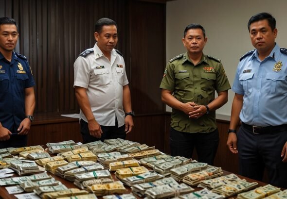 Indonesian police officers stand guard over seized narcotics and assets during a major drug bust operation in Bali, targeting a Russian-Ukrainian syndicate in July 2025.