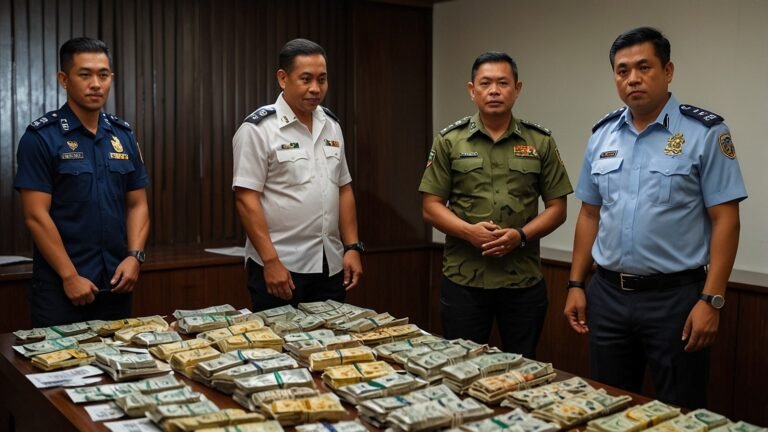 Indonesian police officers stand guard over seized narcotics and assets during a major drug bust operation in Bali, targeting a Russian-Ukrainian syndicate in July 2025.