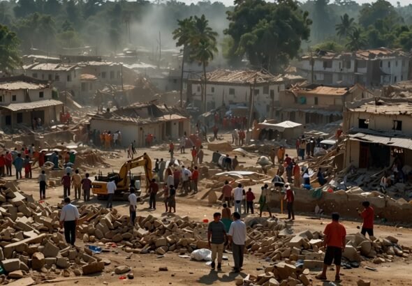 Rescue workers and volunteers search through the rubble of collapsed buildings in Mandalay, Myanmar, following a 7.7-magnitude earthquake in March 2025.