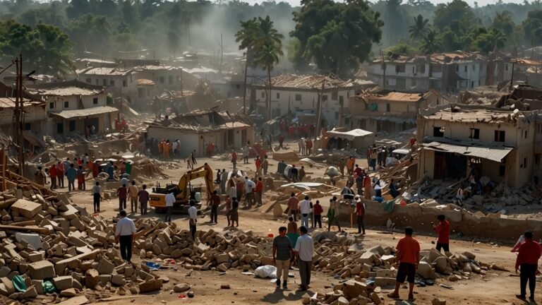 Rescue workers and volunteers search through the rubble of collapsed buildings in Mandalay, Myanmar, following a 7.7-magnitude earthquake in March 2025.