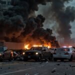 A chaotic scene on Toronto’s Gardiner Expressway at night, with mangled vehicles, scattered debris, and emergency lights illuminating the area as first responders work amidst the wreckage.