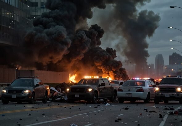 A chaotic scene on Toronto’s Gardiner Expressway at night, with mangled vehicles, scattered debris, and emergency lights illuminating the area as first responders work amidst the wreckage.